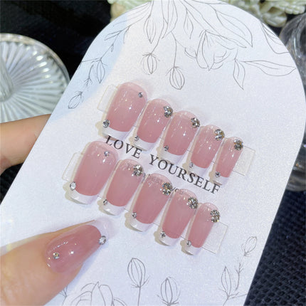 Blush Pink False Nails Bowknot Diamond Pearl 3D Design Press on Nail Tips