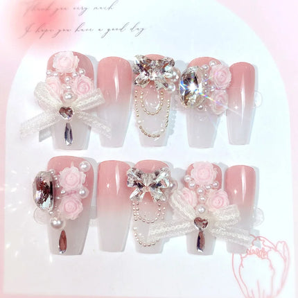 Blush Pink False Nails Bowknot Diamond Pearl 3D Design Press on Nail Tips