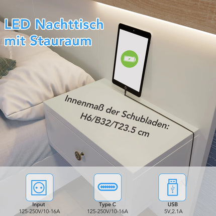 Double bed 160 x 200 cm with 2 LED bedside tables and USB C socket, including 2 bedside tables, bedroom complete - 205x264x90.5