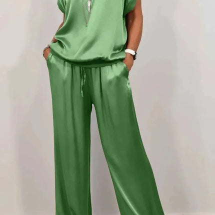 Casual Loose Satin T Shirt Pants Two Piece Sets Women Fashion O-neck Short Sleeve T Shirts Suit Spring Summer
