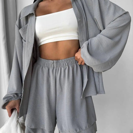 Short Sets Solid Women Two Pieces Suits High Waist Shorts Turn Down Collar Long Sleeve Shirt