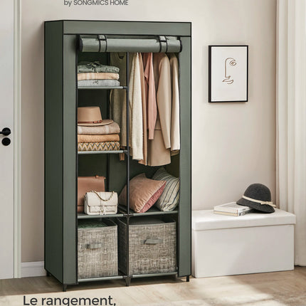 SONGMICS Fabric Wardrobe, Clothes Storage Organiser, 6 Shelves, 1 Hanging Rail, Non-Woven Fabric, Metal Frame, 45 x 88 x 168 cm