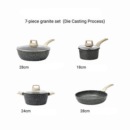 7-piece granite cookware set with dimensions and descriptions on a white background