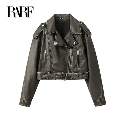 2024New Coal graysty le Women's washed leather jacket with belt, short coat with downgraded zipper and vintage lapel jacket