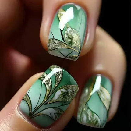 24pcs Short Square Press on Nails Jade Flower Sparkling