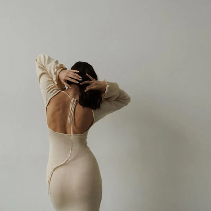 Cryptographic Elegant Knitted Sweater Maxi Dress Outfits for Women Flare Sleeve Sexy Backless Dresses Edible Tree Fungus Clothes