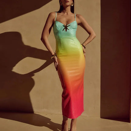 Sexy Women V Neck Starfish Suspender Dress Summer Fashion Sequin Slim Split Long Dresses Elegant Gradient Sleeveless Party Dress