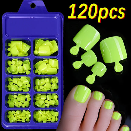 144pcs Short Square False Toe Nails Lake Blue/White/Red/Nude Press