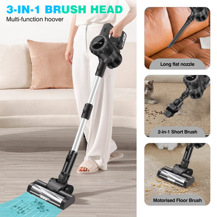 Vacuum 550W 45KPA｜2 Batteries｜LED Displa Self-Standing｜Pet Hair/Carpet/Hard Floor (Black)