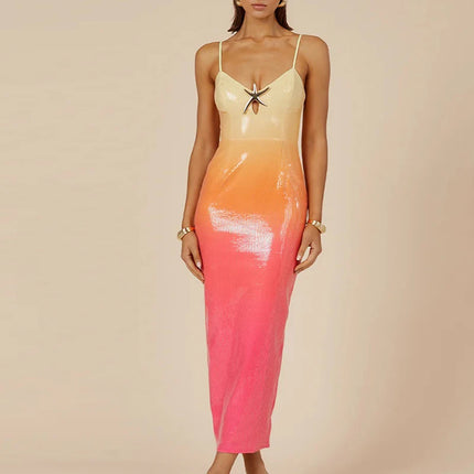 Sexy Women V Neck Starfish Suspender Dress Summer Fashion Sequin Slim Split Long Dresses Elegant Gradient Sleeveless Party Dress