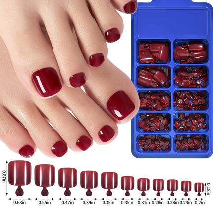 144pcs Short Square False Toe Nails Lake Blue/White/Red/Nude Press