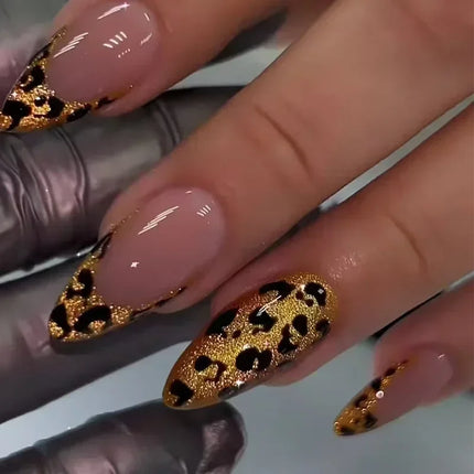 24pcs Leopard Print Almond Fake Press on Nails with Mini Flower Acrylic
