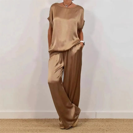 2-piece Set Fashion Satin O Neck T-shirt Top Trousers Summer Retro Elegant Casual Loose Wide