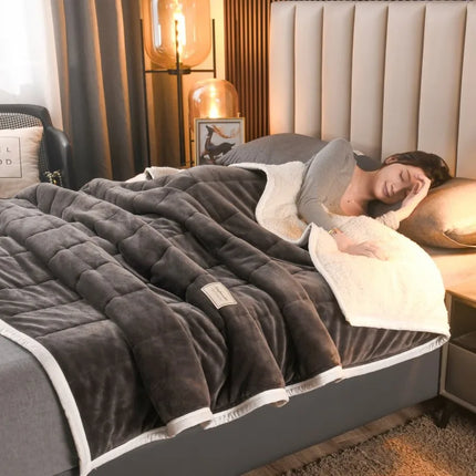 Lamb Wool Blanket Winter Double-sided Three-layer Quilted Blanket Skin-friendly Cozy Warm Bed Cover Blanket