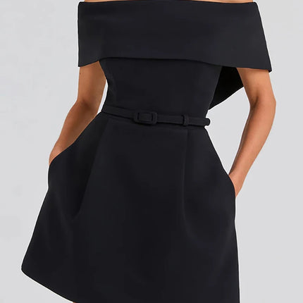 Slash Neck Off The Shoulder Solid Mini Dress, Women Spring Summer Patchwork Simple Party Dress, 2024 Short Sleeve Ladies Dress