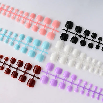 144pcs Short Square False Toe Nails Lake Blue/White/Red/Nude Press