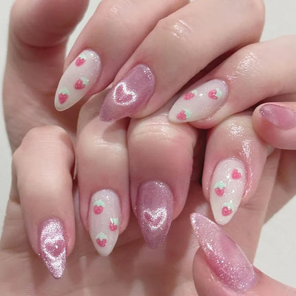 24pcs Sweet Cat Eye French Press on Nails Diamond-Pointed