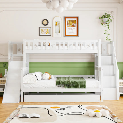 Children bed 90x200/140x200 cm, solid wood bunk bed with slide and shelf with safety levels, trundle bed and slatted frame, White