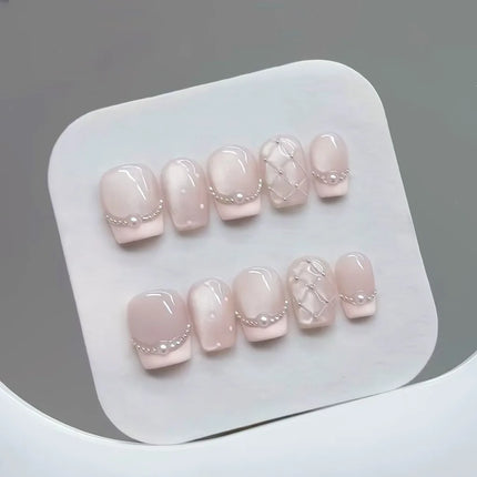10pcs Handmade Press on Nails Plaid Pearl French Cat's Eye Aurora Fishtail Full Coverage