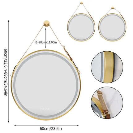 600mm Round LED Mirror Illuminated Lighted Wall Hanging Bathroom Mirror, Anti-fog, Golden/ Black Frame for Bathroom Entryway