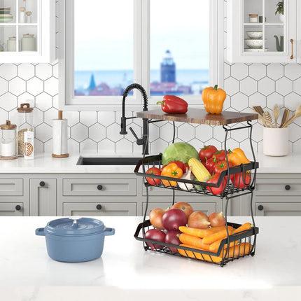 3 Tier Countertop Fruit Basket Bread Bowl with Wooden Top for Kitchen,Stackable Vegetable Onion Storage Wire Basket with Hangers
