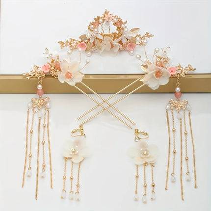 Chinese Long Pearl Hairpin Earring Tiara Set Headpiece Women Hair Accessories Flower Crystal Pearl Hanfu Hair Pins Comb Earring