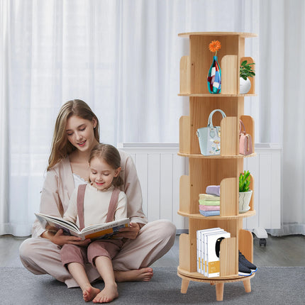 360 Degree Rotating Bookshelf Wood Display Stand Storage Sheves Rack Bookcase 4 Tiers Books Organizer Floorstanding