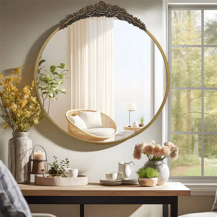 Large Wall Mirror Baroque Mirror Bathroom Decor Round/ Oval Vanity Mirror w Antique Brass Edge for Entryway, Hallway Living Room