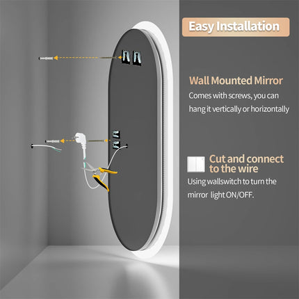 Large Wall Mirror 48 x 24" LED Bathroom Mirror Oblong Backlit Smart Mirror Dimmable 3 Colors with Anti-Fog- IP65 CRI95