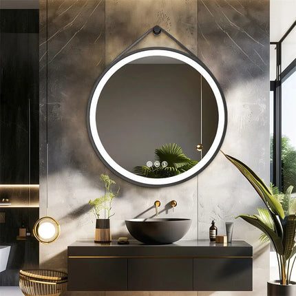 Round Mirror 600/700/800mm LED Bathroom Mirror Illuminated Wall Mirror Anti-fog Dimmable with Leather Belt