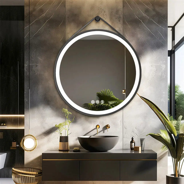 Round Mirror 600/700/800mm LED Bathroom Mirror Illuminated Wall Mirror Anti-fog Dimmable with Leather Belt