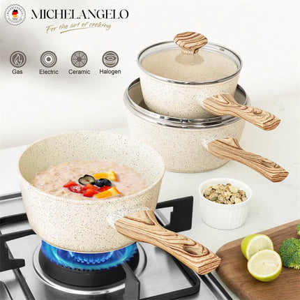 MICHELANGELO 3pcs Soup pot set Nonstick Granite Coating Saucepans with Lid Stockpot
