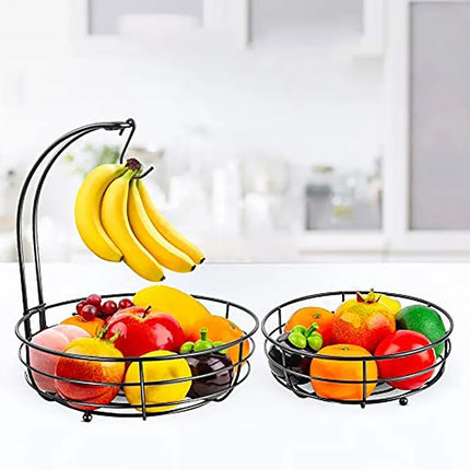 2-Tier Fruit Basket, Metal Fruit Bowl, Bread Baskets, Fruit Holder, Large Fruit Stand Organizer With Banana Hanger, Black