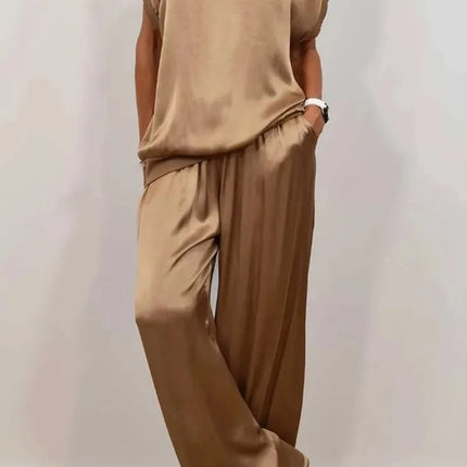 Casual Loose Satin T Shirt Pants Two Piece Sets Women Fashion O-neck Short Sleeve T Shirts Suit Spring Summer