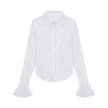 Gidyq Fashion Women Bandage Shirts Korean All Match Streetwear Female Slim Blouse Spring Casual White Bell Sleeve Shirt New