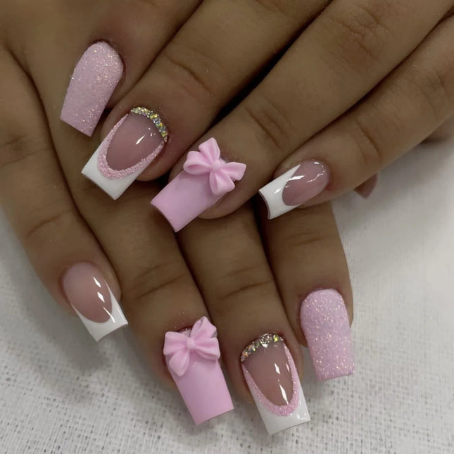 24Pcs Pink French Style Fake Nails 3D Bowknot Designs Short Square