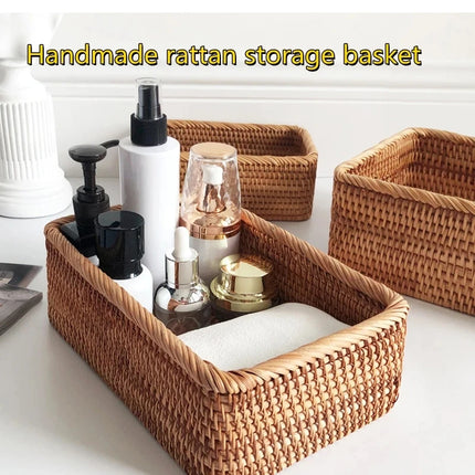3 size Hand-woven Rattan Wicker Basket Fruit Tea Snack Bread Basket Cosmetic Rectangular Storage Box Household Kitchen Supplies