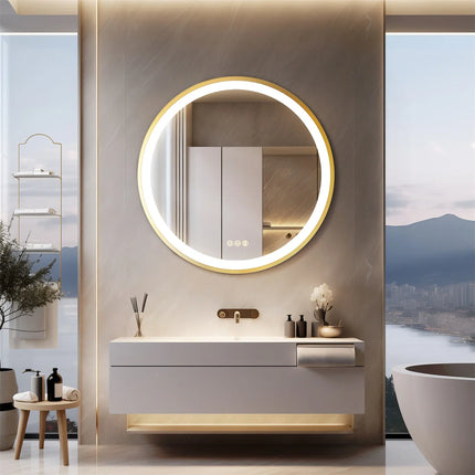 LUVODI 24 Inch Gold Frame Round Bathroom Mirror with Lights Illuminate Wall Vanity Mirror 3 Color Dimmable Anti-Fog Smart Mirror