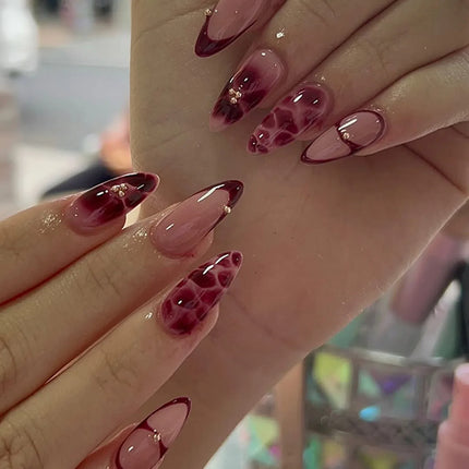 24pcs Leopard Print Almond Fake Press on Nails with Mini Flower Acrylic
