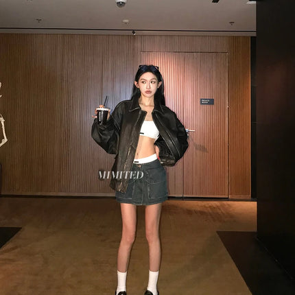 Spring Autumn Cool Handsome Retro Oversized Distressed Brown Soft Faux Leather Jackets for Women Zipper Runway Fashion