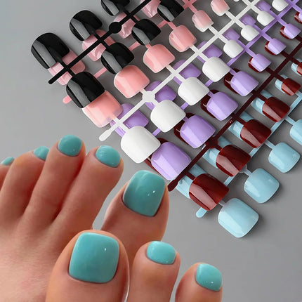 144pcs Short Square False Toe Nails Lake Blue/White/Red/Nude Press