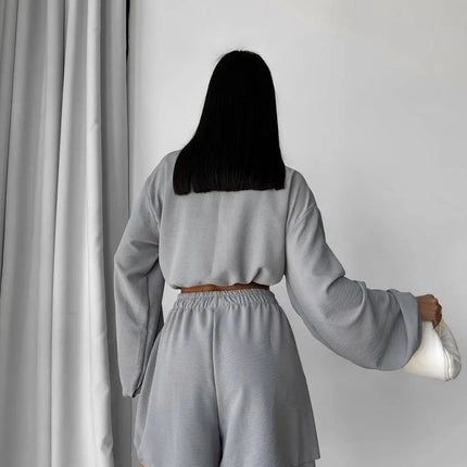 Short Sets Solid Women Two Pieces Suits High Waist Shorts Turn Down Collar Long Sleeve Shirt