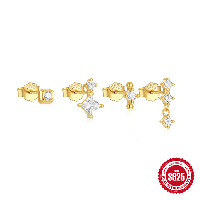 CANNER 925 Sterling Silver 4 pc earrings for women Classic zircon Geometric Crystal Set layering stud earring Daily Jewelry