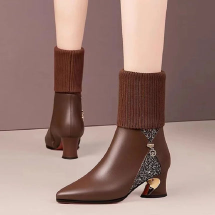 cresfimix women casual high quality brown patent leather autumn & winter warm boots lady elegant black comfort heel shoes ab621