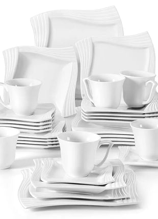 MALACASA Amparo 30/60 Piece White Porcelain Dinnerware Set Cups Saucers Dessert Soup Dinner Plates Service for 6/12 Persone