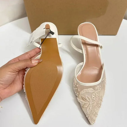 Brand Designer White Women Wedding Pumps Mesh Embroidered Flowers Back Strap