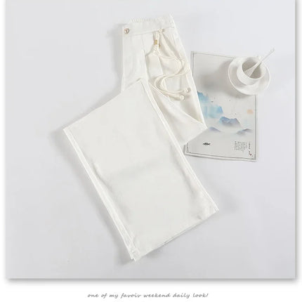 New Chinese Style Jacquard Wide Leg Satin Pants for Women Elegant Solid Office Lady Women's Casual Loose Pants Female