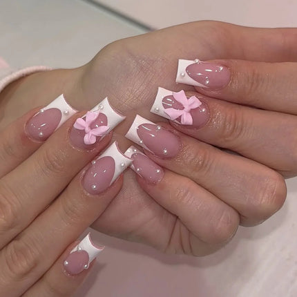 24Pcs Pink French Style Fake Nails 3D Bowknot Designs Short Square