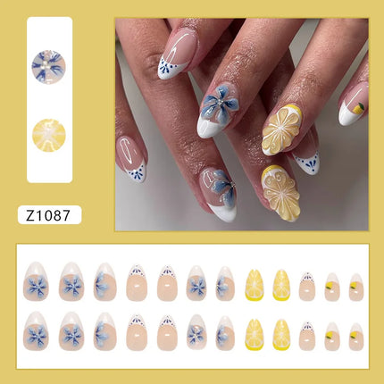 24pcs White Flower Fake Nail Tips Ins Yellow Pink Blush False Nails