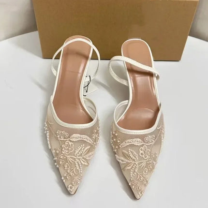 Brand Designer White Women Wedding Pumps Mesh Embroidered Flowers Back Strap